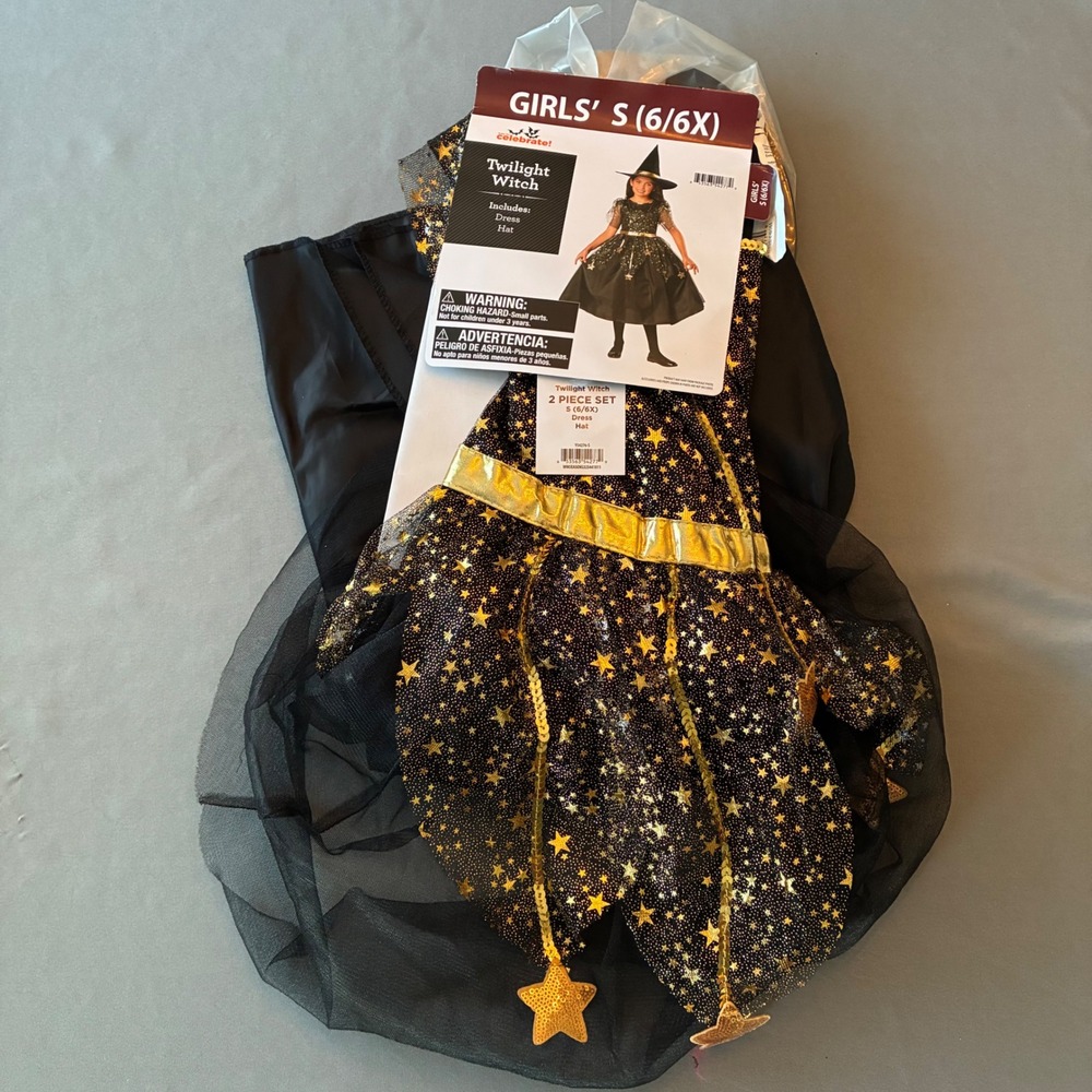 Way to Celebrate Twilight Witch Costume Girls 6/6X Black Gold Star Dress Hat Set - Picture 2 of 7